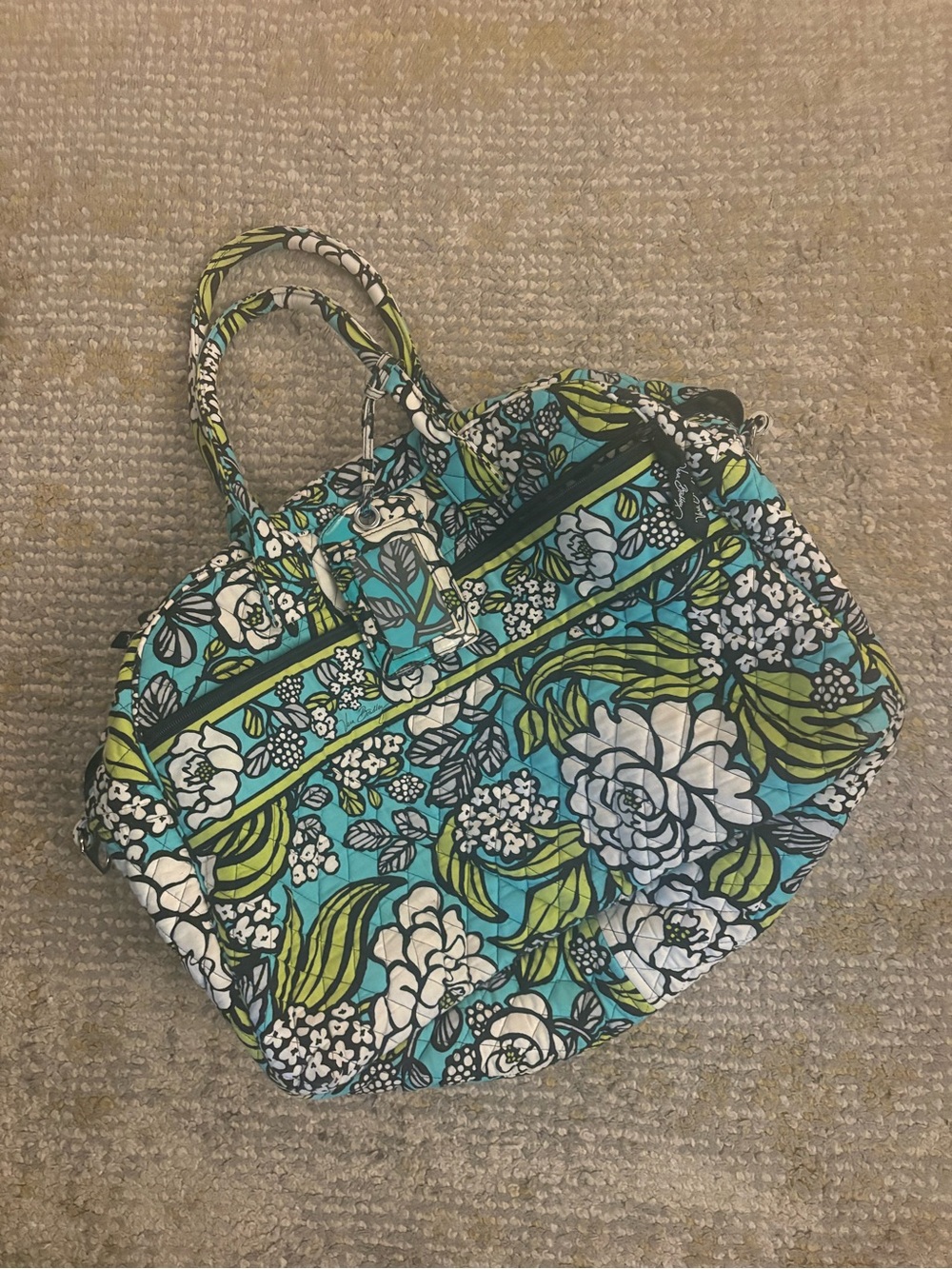 Vera Bradley Floral Quilted Travel Duffel in Teal, Green and White